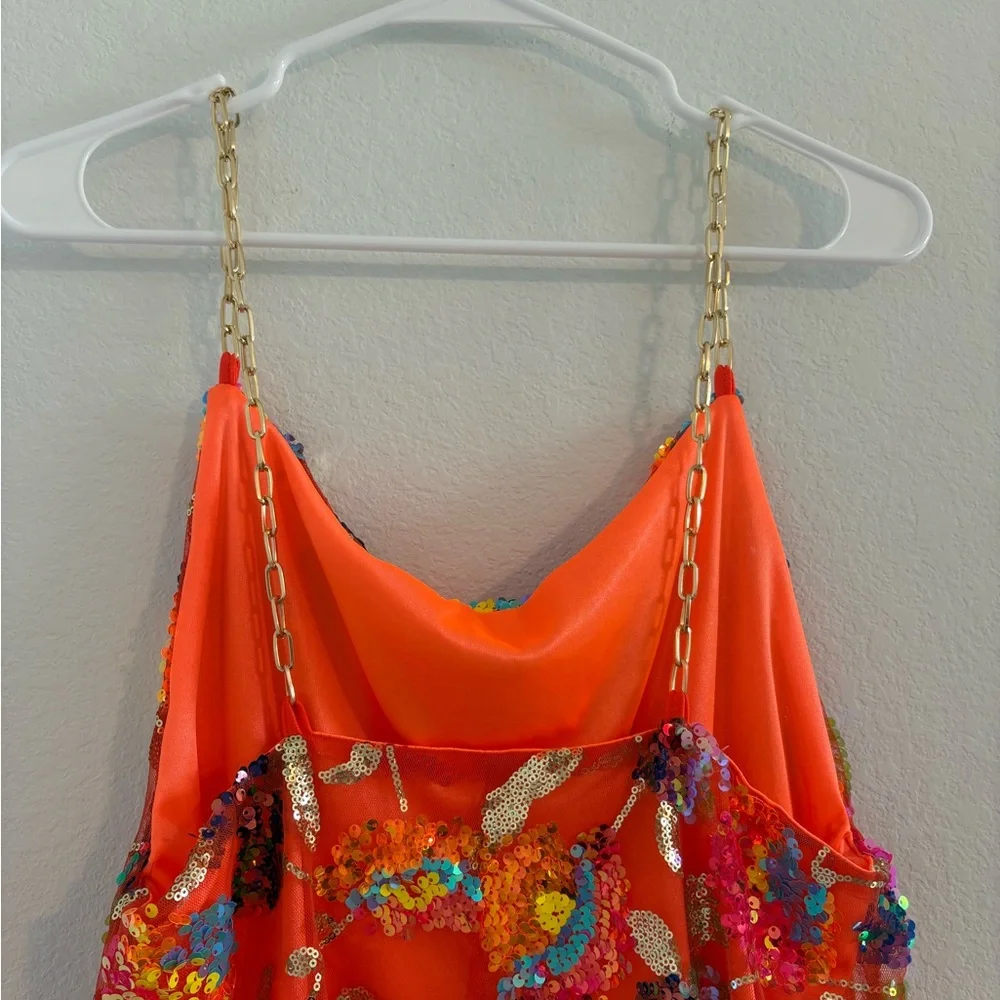 Sequin Mini Dress Backless Low-Cut Floral Sparkly Multicolor Orange Birthday - Picture 7 of 8